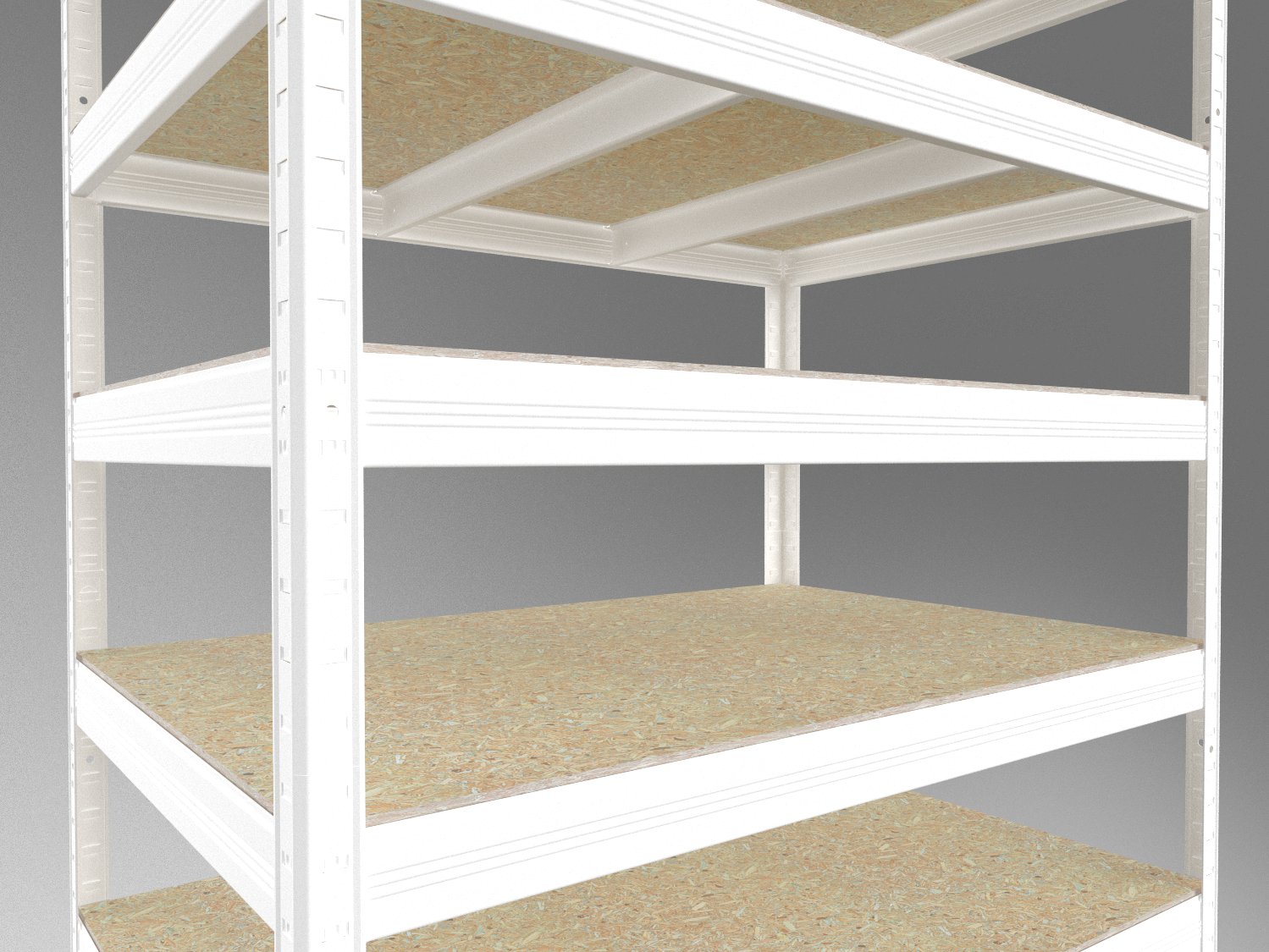 Detail kovového regálu s OSB deskami 10 mm